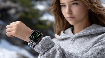 Poster - A woman wearing a smart watch with a green face