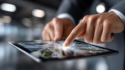 Aufkleber - A man is using a tablet to point at a map