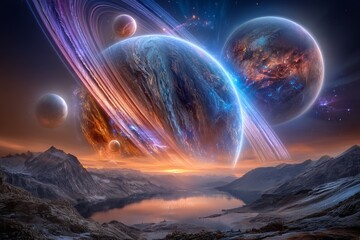 Wall Mural - A mysterious and breathtaking alien landscape set against the stunning celestial backdrop of a beautiful sky, perfect for a science fiction wallpaper or stock illustration of a fantastic planet