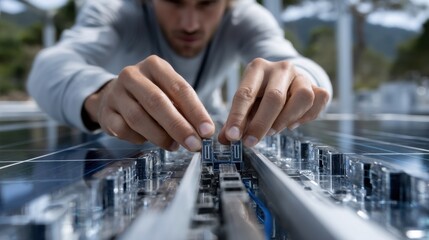 Poster - A man is working on a machine with a lot of small parts