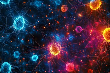 Fototapete - Digital abstract background with glowing neural networks and electric circuits in vivid hues 
