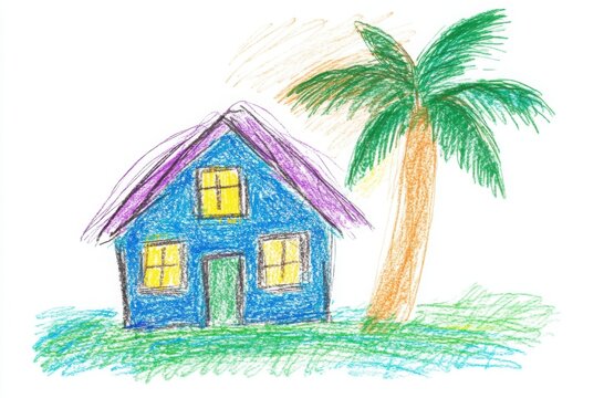 Thick crayon line art of a tiny cottage and tropical tree, drawn in childlike style on a clean white background