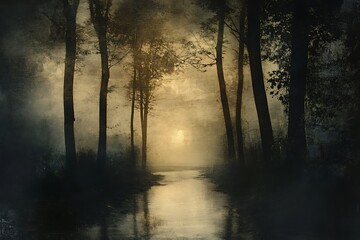 Fototapete - 	•  Enchanted abstract design with glowing mist and deep shadowy textures 