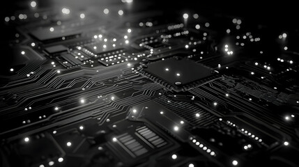 Poster - a sophisticated black and white rendering of an electronic motherboard with gleaming lights accentua