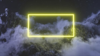 Poster - A portal gate illuminated by yellow laser neon light is set against a backdrop of outer space, complete with galaxies and stars, and an extraterrestrial alien planet