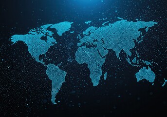 digital world map in shades of blue with connecting lines on a dark background