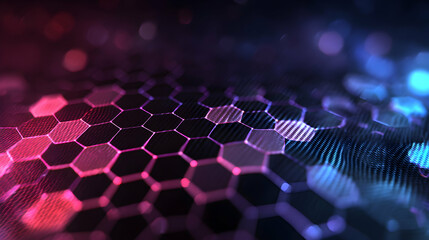 Poster - Futuristic honeycomb pattern with pink and blue neon lights evokes modern digital design