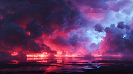 Poster - Dramatic cloudscape over water with vibrant red and blue lights creating an eerie glow