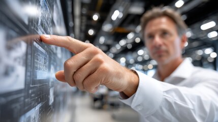 Fototapete - A man pointing at a screen with a finger