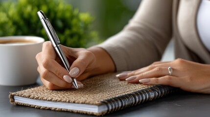 Aufkleber - A woman is writing in a notebook with a pen