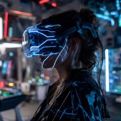 Poster - With an illuminated network pattern visible on her face, a woman wears a virtual reality headset in an environment characterized by futuristic and high-tech elements