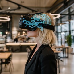 Poster - A woman is shown wearing a virtual reality headset with an illuminated network pattern projected onto her face in a futuristic, high-tech setting