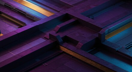 Poster - A purple and yellow image of a building with a lot of squares and lines