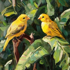 Two yellow canaries perched in lush green foliage oil painting style nature scene wildlife birdwatching