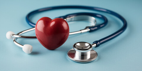 Aufkleber - Red heart model and blue stethoscope on light-blue background, representing healthcare, heart health, medical checkup, or Valentine's Day