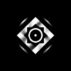 Poster - Monochrome Geometry: A Distressed Graphic of a Central Circle Encased in a Diamond, Surrounded by Black Void