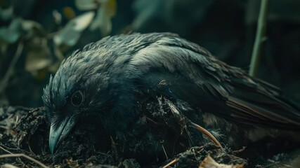 Poster - A black bird perched on top of a pile of dirt, awaiting its next move