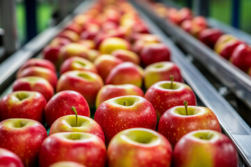 Poster - Ripe apples moving on conveyor belt in processing facility Generative AI