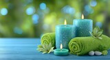 A blue background representing a spa and wellness atmosphere is adorned with candles, towels, and plants, and finished with a blurred bokeh effect
