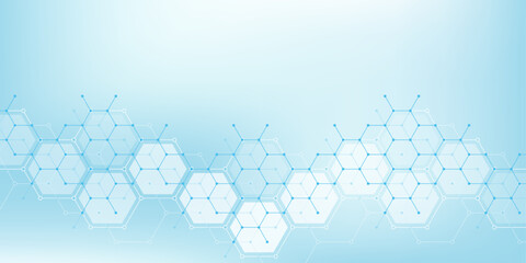 Poster - Health care or medical abstract background with hexagons, lines and dots. Scientific innovation banner template concept. Biology and pharmaceutical technology background. Vector illustration.