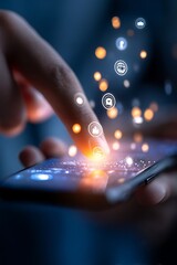 Poster - A hand is shown in close-up using a smartphone, overlaid with glowing digital icons that represent technology and connectivity