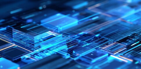 Fototapete - Glowing lines and circuit patterns on an abstract blue background produce a futuristic, high-tech visual effect