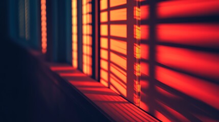 Poster - Abstract interplay of light and shadow through window blinds at sunset hour