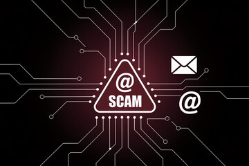 Poster - Dark background with circuit lines, triangle warning sign, email symbol, and 