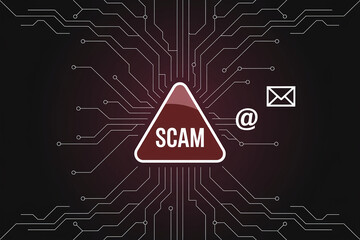 Poster - Dark background with circuit board design, red triangular warning sign displays 