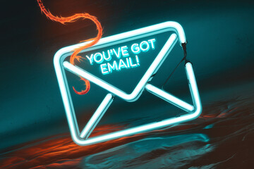 Poster - Neon email sign with fiery element, symbolizes digital communication, urgency, and modern technology