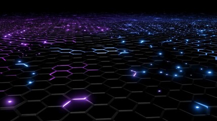 Poster - A futuristic and abstract close-up featuring hexagonal patterns illuminated by neon lights in various shades of purple and blue makes for a great technology background image