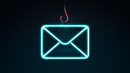 Poster - Neon email icon with a red fishing hook above, symbolizing phishing and online security risks Dark background, concept of internet threat