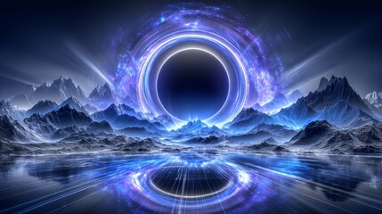 Poster - A captivating visual of an illuminated, electric violet circle suspended against a backdrop of a desolate, extraterrestrial landscape beneath a star-speckled, twilight sky is referred to as Cosmic