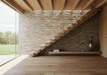 Poster - Interior view of a modern home featuring wooden stairs, a stone wall, and a large window with natural light