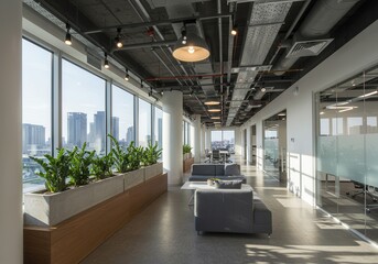 Poster - Bright modern office space with large windows overlooking city buildings and indoor plants in planters along the window