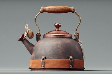 Poster - Vintage kettle with wooden handle displayed on neutral background during product showcase