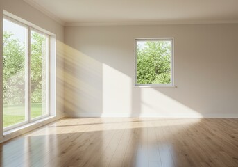 Poster - Sunlight streams into an empty room with wood floors and windows overlooking green trees
