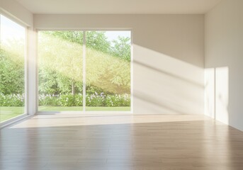 Poster - Sunlight streams into an empty room with hardwood floors and a large window overlooking a garden