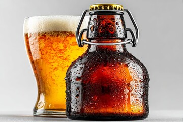 Poster - Refreshing craft beer in a chilled bottle next to a tall glass filled with golden liquid