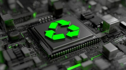 Poster - A green recycle symbol on a circuit board represents technology innovations in a stock image