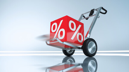 Aufkleber - Red cube with percentage symbols on a hand truck, showcasing discount or sale concept, conveying speed and efficiency