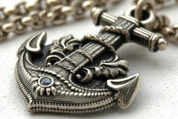 Poster - Intricate silver anchor pendant with detailed design suspended on a chain resting on a textured surface