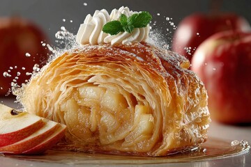 Aufkleber - Delicious apple pastry with crispy layers and fresh cream on top, perfect for dessert lovers and food enthusiasts