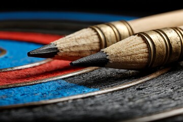 Poster - Close-up view of sharpened pencils resting on a colorful target with blue, red, and black segments
