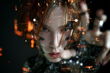 Poster - A futuristic environment at night is the backdrop for a young woman's interaction with a glowing technological display