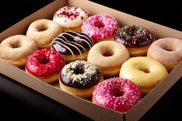 Poster - Delicious variety of colorful donuts in a box ready for sharing at a party or celebration