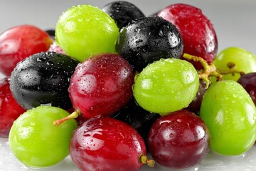 Poster - Freshly harvested grapes in a vibrant mix of colors with water droplets reflecting light