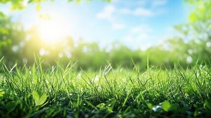 Wall Mural - green grass and leaves with sunshine on a beautiful day in the park. perfect for nature, spring, or 