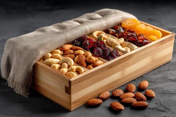 Poster - Delicious assortment of dried fruits and nuts displayed in a wooden box on a dark background