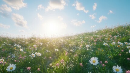 Wall Mural - daisies and wildflowers dot lush, green hills beneath a bright sun and blue sky. use this idyllic me